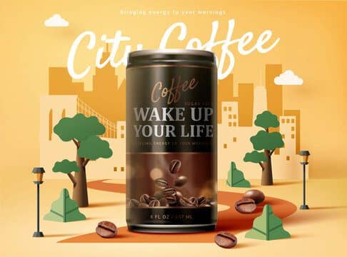 Black coffee ad on flat style city
