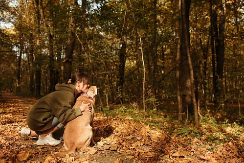 Woman in Green Jacket Sitting on Ground Hugging her Brown Short Coated Dog