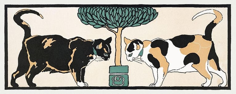 Cats under a tree (1898) - two cats and a cat drinking from a cup