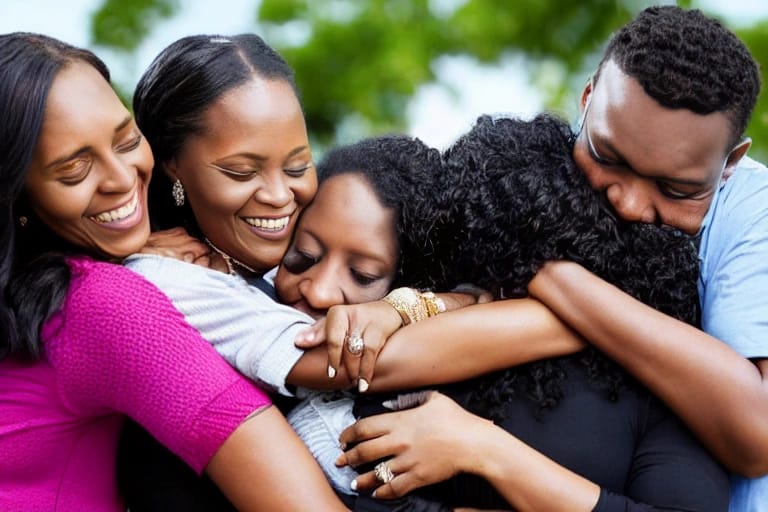 A beautiful woman wraps up her loved ones around her in a embrace.