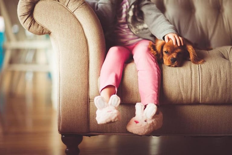 Girl Child - a little girl sitting on a couch with her dog