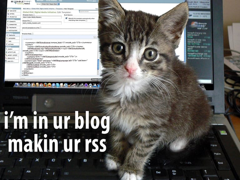 a cat is sitting on a laptop computer - I'm in ur blog makin ur rss (lolcat)